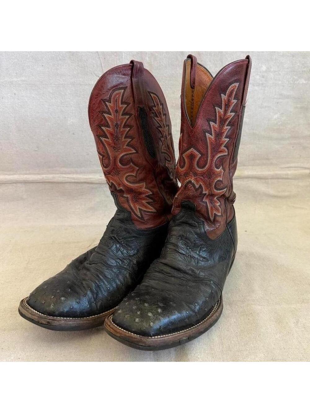 Lucchese Cowboy Black Ostrich Leather Square Toe Burgundy Shaft Men Size 10.5